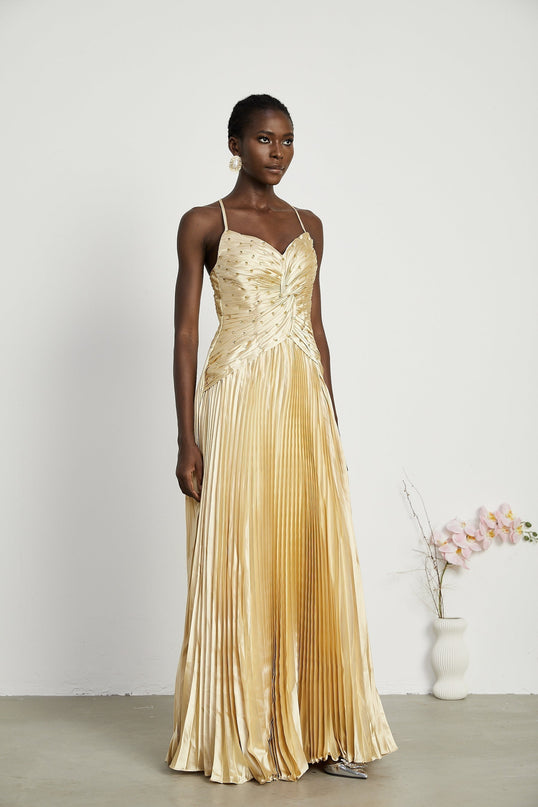 Gelsomina Gold Sequined Bustier Maxi Dress