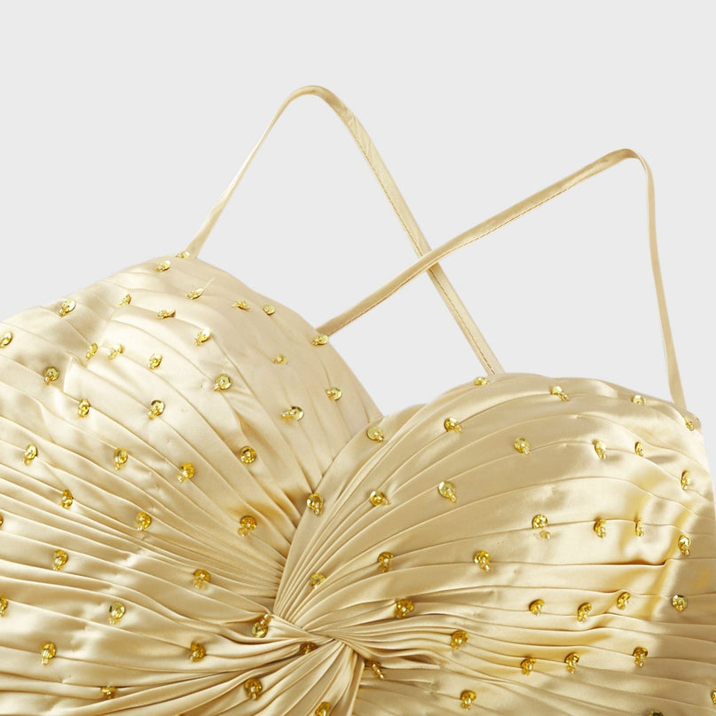 Gelsomina Gold Sequined Maxi Dress with Spaghetti Straps and V-Neck Design