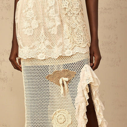 Gelsomina Lace Crochet Skirt Neutrals Floral-Lace Embroidered High-Rise Midi Cut-Out Bow Semi-Sheer Elasticated Ruffled Side Slit Crochet Knit Artistry Sophistication