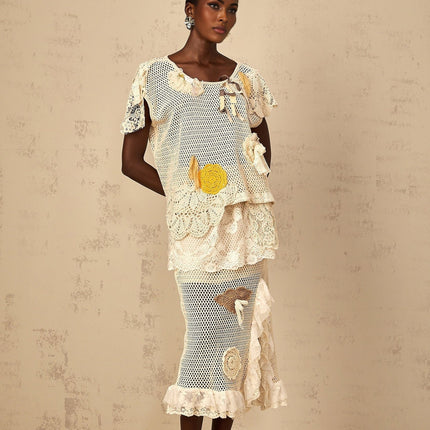 Gelsomina Lace Crochet Skirt in Neutrals high-rise midi skirt with intricate floral-lace panelling and delicate embroidered detailing