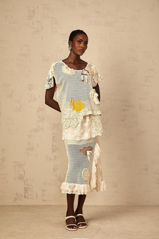 Gelsomina Lace Crochet Skirt in Neutrals high-rise midi skirt with intricate floral-lace panelling and delicate embroidered detailing