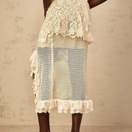 Gelsomina Lace Crochet Skirt Neutrals High Rise Midi Elasticated Waistband Ruffled Trim Side Slit