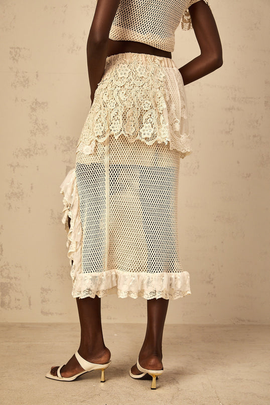 Gelsomina Lace Crochet Skirt Neutrals High Rise Midi Elasticated Waistband Ruffled Trim Side Slit