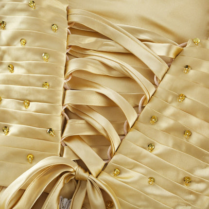 Gelsomina Maxi Dress Gold Sequined Bustier V-Neck Spaghetti Straps Pleated Skirt 100% Polyester Luxury Style Special Occasions Opulence Glamour