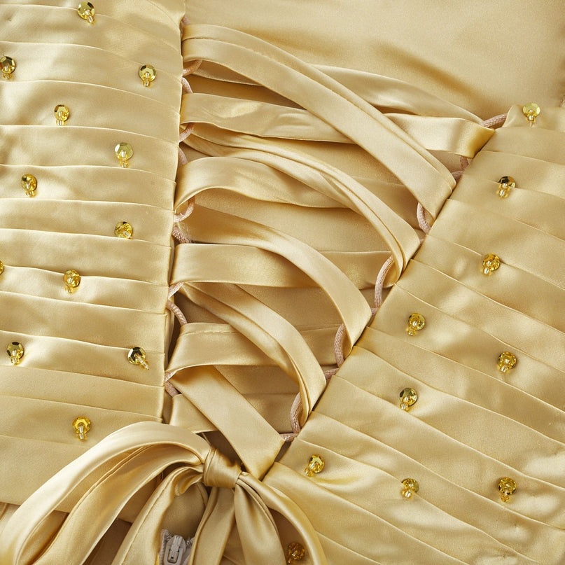 Gelsomina Maxi Dress Gold Sequined Bustier V-Neck Spaghetti Straps Pleated Skirt 100% Polyester Luxury Style Special Occasions Opulence Glamour