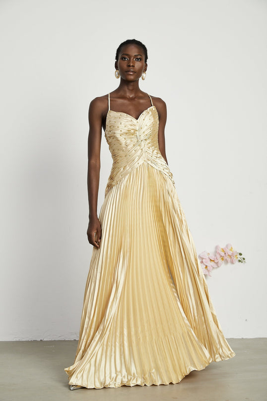 Gelsomina Gold Sequined Bustier Maxi Dress