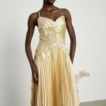 Gelsomina Maxi Dress Gold Sequined Bustier V-Neck Spaghetti Straps Pleated Skirt 100% Polyester Luxury Style Special Occasions Opulence Glamour