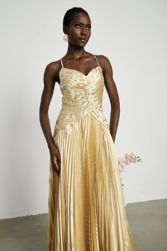 Gelsomina Maxi Dress Gold Sequined Bustier V-Neck Spaghetti Straps Pleated Skirt 100% Polyester Luxury Style Special Occasions Opulence Glamour