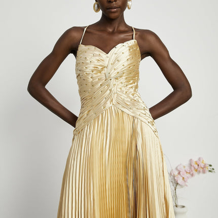 Gelsomina Maxi Dress Gold Sequined Bustier Spaghetti Straps V-neck Pleated Skirt Polyester Luxury Style Special Occasions Opulence Glamour