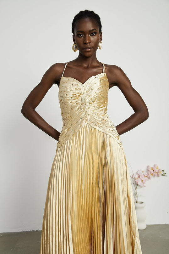 Gelsomina Maxi Dress Gold Sequined Bustier Spaghetti Straps V-neck Pleated Skirt Polyester Luxury Style Special Occasions Opulence Glamour