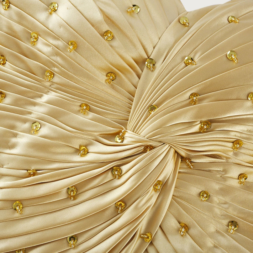 Gelsomina Maxi Dress Gold Sequined Bustier V-Neck Pleated Skirt Polyester Luxury Style Special Occasions Opulence Glamour