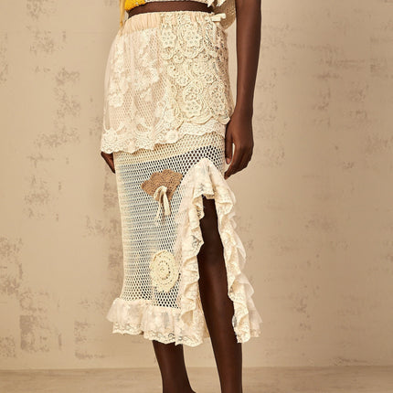Gelsomina Neutrals Lace Crochet Skirt Terylene Cotton High Rise Midi Cut Out Design Elasticated Waistband Ruffled Trim Side Slit Crochet Knit Artistry