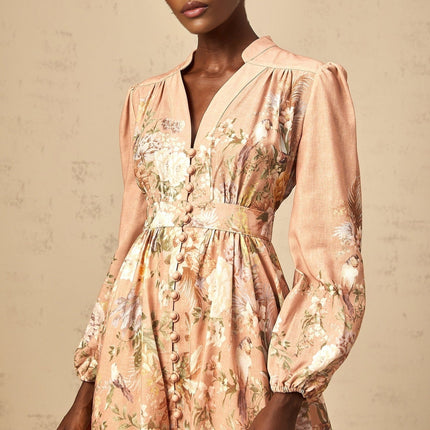 Gelsomina Pink Floral Midi Dress V-neck Puff Sleeves Cinched Waist Flared Skirt
