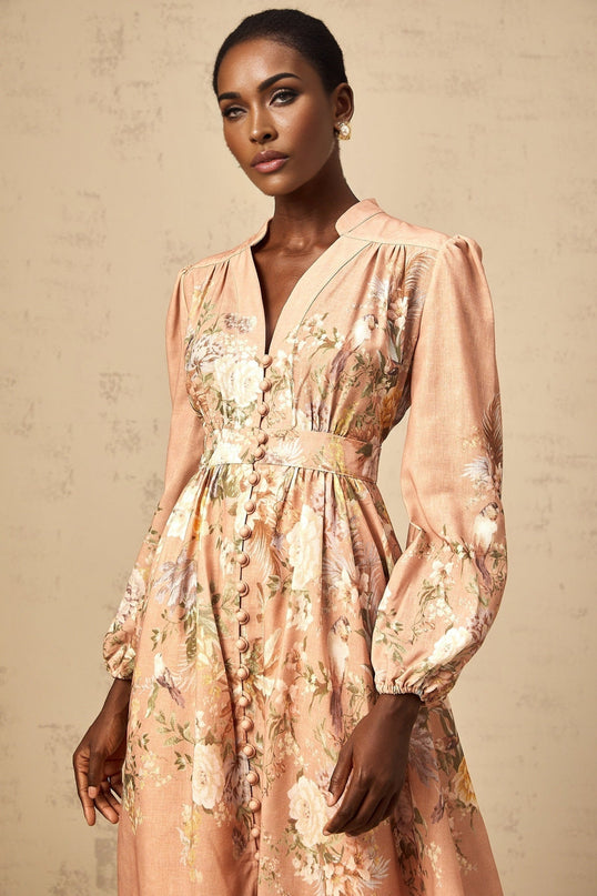 Gelsomina Pink Floral Midi Dress V-neck Puff Sleeves Cinched Waist Flared Skirt