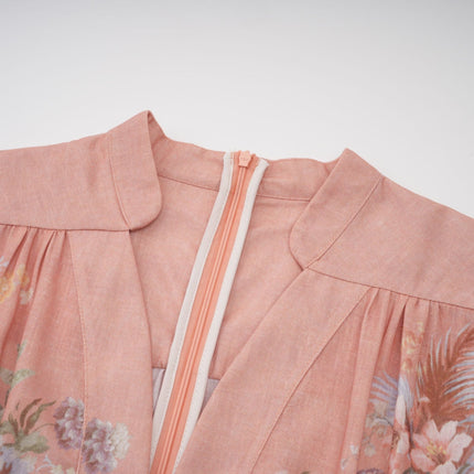 Gelsomina Pink Floral Midi Dress V-neck Puff Sleeves Cinched Waist Flared Skirt