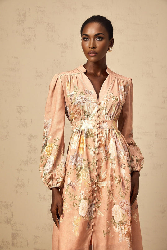 Gelsomina Pink Floral Midi Dress V-neck Puff Sleeves Cinched Waist Flared Skirt