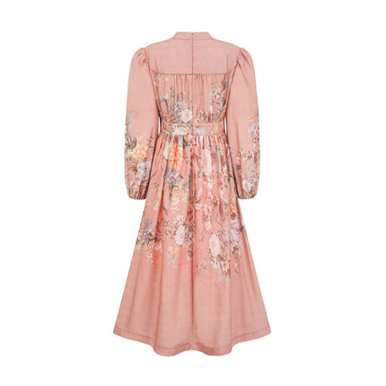 Gelsomina Pink Floral Midi Dress with V-Neck and Puff Sleeves