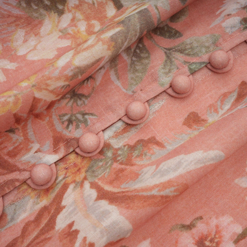 Gelsomina Pink Floral Midi Dress V-neck Puff Sleeves Cinched Waist Flared Skirt