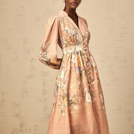 Gelsomina Pink Floral Midi Dress V-neck Puff Sleeves Cinched Waist Flared Skirt