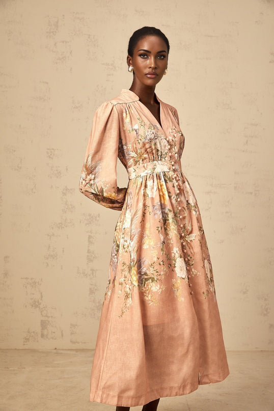 Gelsomina Pink Floral Midi Dress V-neck Puff Sleeves Cinched Waist Flared Skirt