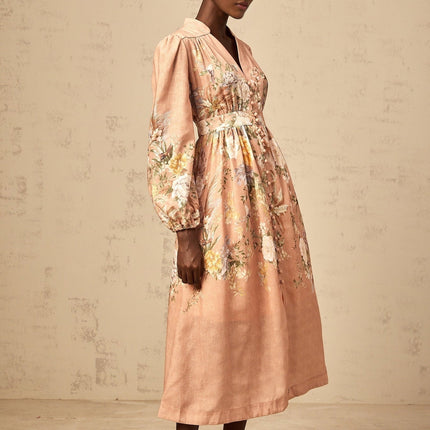 Gelsomina Pink Floral Midi Dress with V-neck and Puff Sleeves