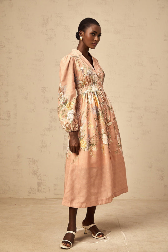 Gelsomina Pink Floral Midi Dress with V-neck and Puff Sleeves