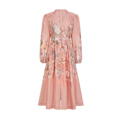 Gelsomina Pink Floral Midi Dress V-neck Puff Sleeves Cinched Waist Flared Skirt