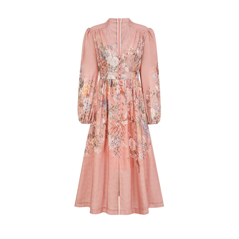 Gelsomina Pink Floral Midi Dress V-neck Puff Sleeves Cinched Waist Flared Skirt