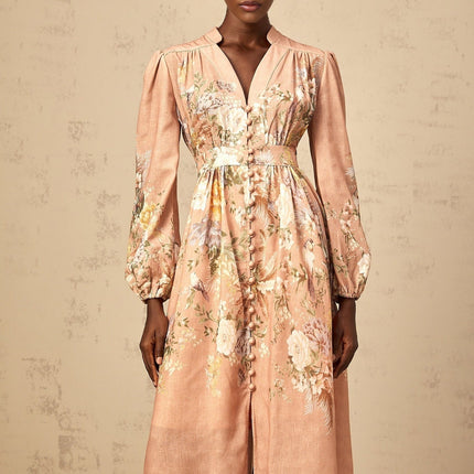 Gelsomina Pink Floral Print Midi Dress with V-neck and Puff Sleeves