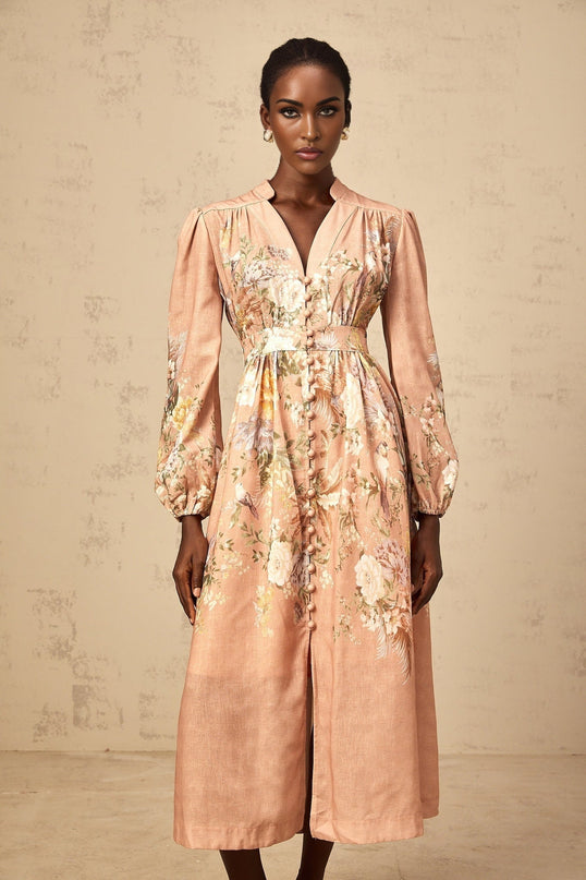 Gelsomina Pink Floral Print Midi Dress with V-neck and Puff Sleeves