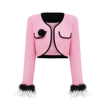 Gelsomina Pink Jacket and Black Trousers Set 100% Polyester Feather Trim Crystal Embellishments