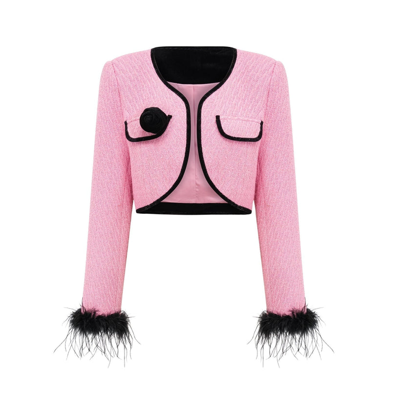 Gelsomina Pink Jacket and Black Trousers Set 100% Polyester Feather Trim Crystal Embellishments