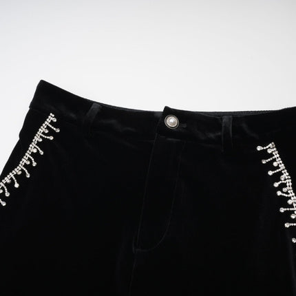 Gelsomina Pink Jacket and Black Trousers Set with Faux-Flower Detailing and Crystal Embellishments
