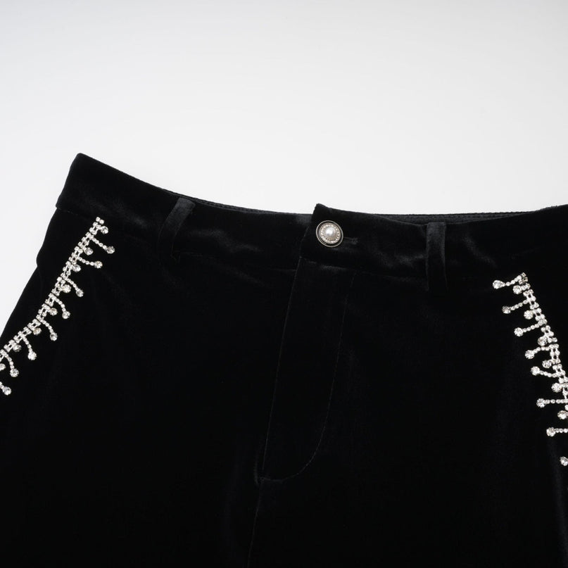 Gelsomina Pink Jacket and Black Trousers Set with Faux-Flower Detailing and Crystal Embellishments