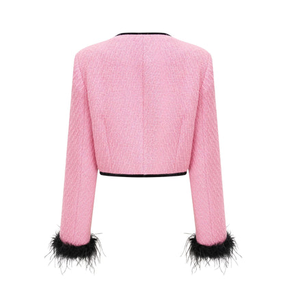 Gelsomina Pink Jacket and Black Trousers Set with Feather and Crystal Embellishments