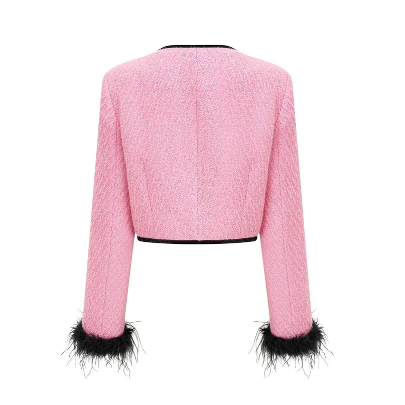 Gelsomina Pink Jacket and Black Trousers Set with Feather and Crystal Embellishments