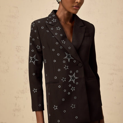 Gemma Black Blazer With Star Applique Peak Lapels Long Sleeves Chest Welt Pocket Jetted Pockets American Rear Vent Front Button Fastening Polyester Spandex Elegant Charm Fashion Forward Collection