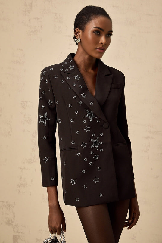 Gemma Black Blazer With Star Applique Peak Lapels Long Sleeves Chest Welt Pocket Jetted Pockets American Rear Vent Front Button Fastening Polyester Spandex Elegant Charm Fashion Forward Collection