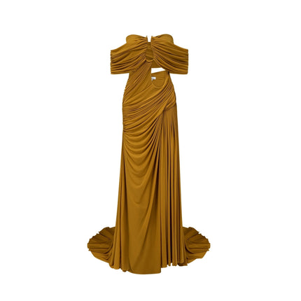 Gemma Maxi Dress in Yellow Polyamide Elastane U-neck Off-the-shoulder Cut-out Ruched Pleated Ocher Train Modern Classic Refinement Style Special Occasion
