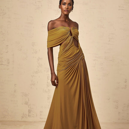 Gemma Maxi Dress in Yellow off-the-shoulder silhouette with intricate detailing
