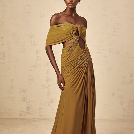 Gemma Maxi Dress in Yellow off-the-shoulder silhouette with intricate detailing