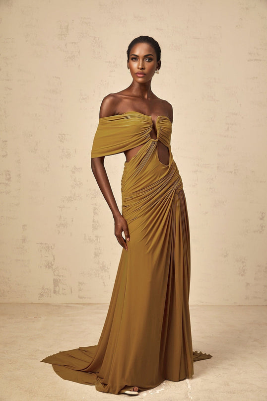 Gemma Maxi Dress in Yellow off-the-shoulder silhouette with intricate detailing