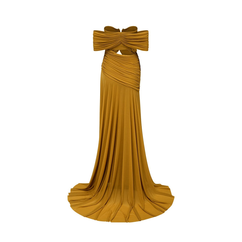 Gemma Maxi Dress in Yellow Polyamide Elastane U-neck Off-the-shoulder Cut-out Ruched Pleated Ocher Train Modern Classic Allure Refinement Style Special Occasion
