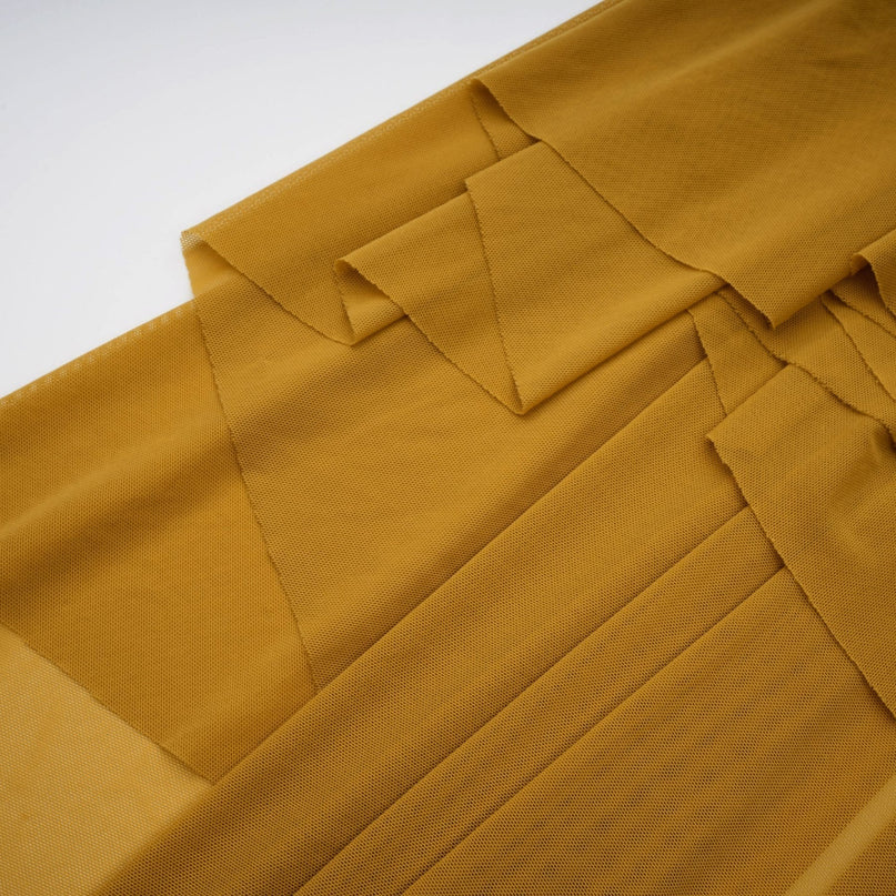 Gemma Maxi Dress in Yellow Polyamide Elastane U-neck Off-the-shoulder Cut-out Ruched Pleated Ocher Drape Train Modern Classic Refinement Style Special Occasion