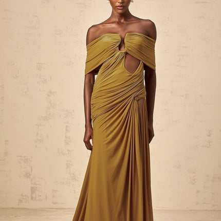 Gemma Maxi Dress in Yellow elegant off-the-shoulder silhouette with intricate detailing