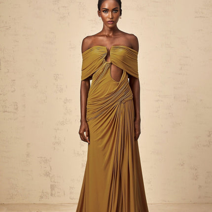 Gemma Maxi Dress in Yellow Polyamide Elastane U-neck Off-shoulder Cut-out Ruched Pleated Ocher Drape Train Modern Classic Special Occasion Refinement Style Masterpiece Statement