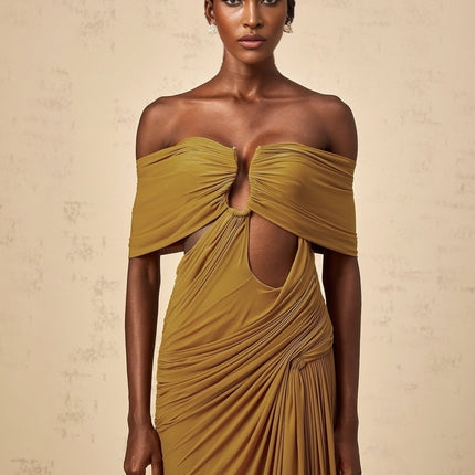 Gemma Maxi Dress in Yellow elegant off-the-shoulder silhouette with intricate detailing