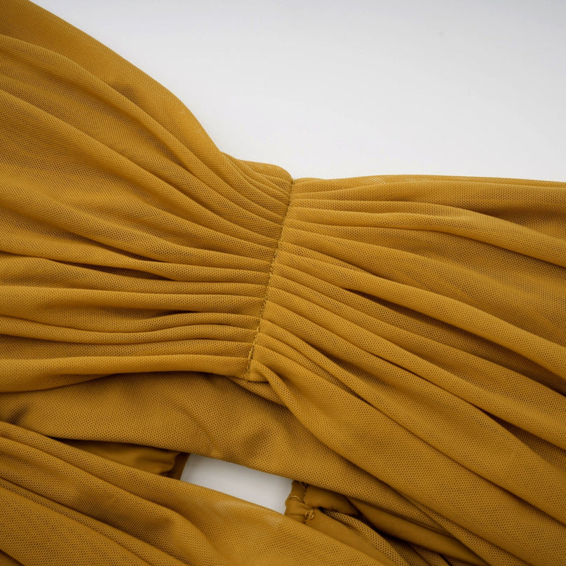 Gemma Maxi Dress in Yellow Polyamide Elastane U-neck Off-shoulder Cut-out Ruched Pleated Train Modern Classic Special Occasion