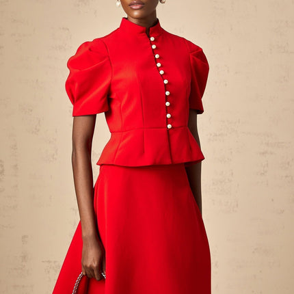 Gemma Red Blouse Skirt Pleated Ruffled Set