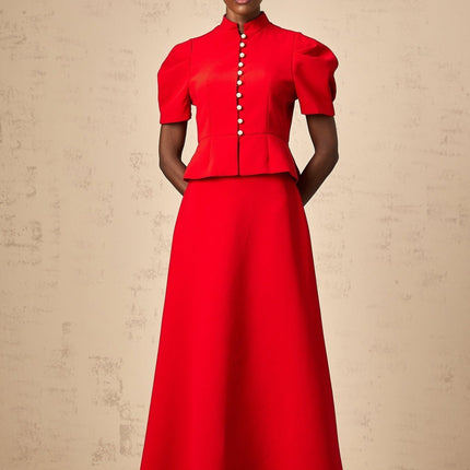 Gemma Red Blouse Skirt Pleated Ruffled Set